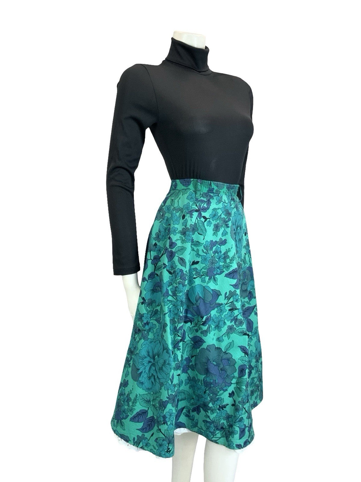 VTG 60S 70S BLUE GREEN WHITE FLORAL LACE ELASTICATED WAIST CIRCLE SKIRT 12