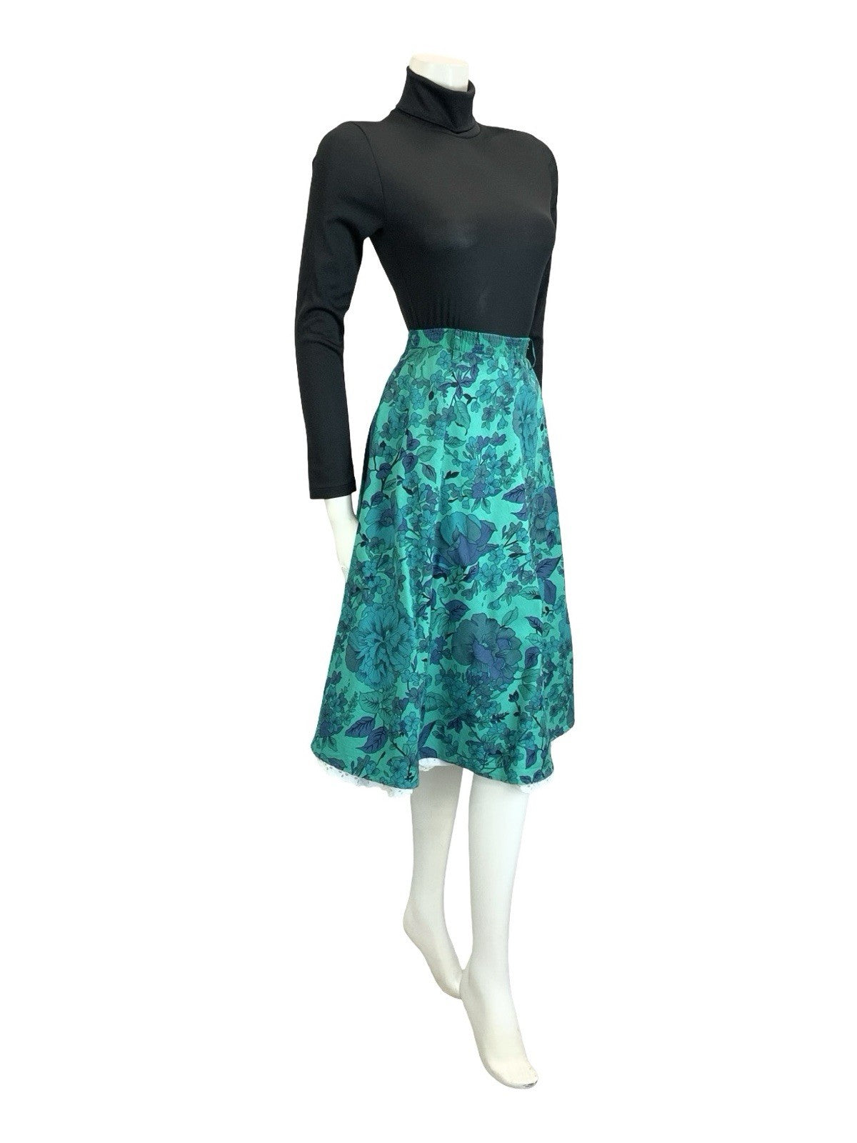 VTG 60S 70S BLUE GREEN WHITE FLORAL LACE ELASTICATED WAIST CIRCLE SKIRT 12