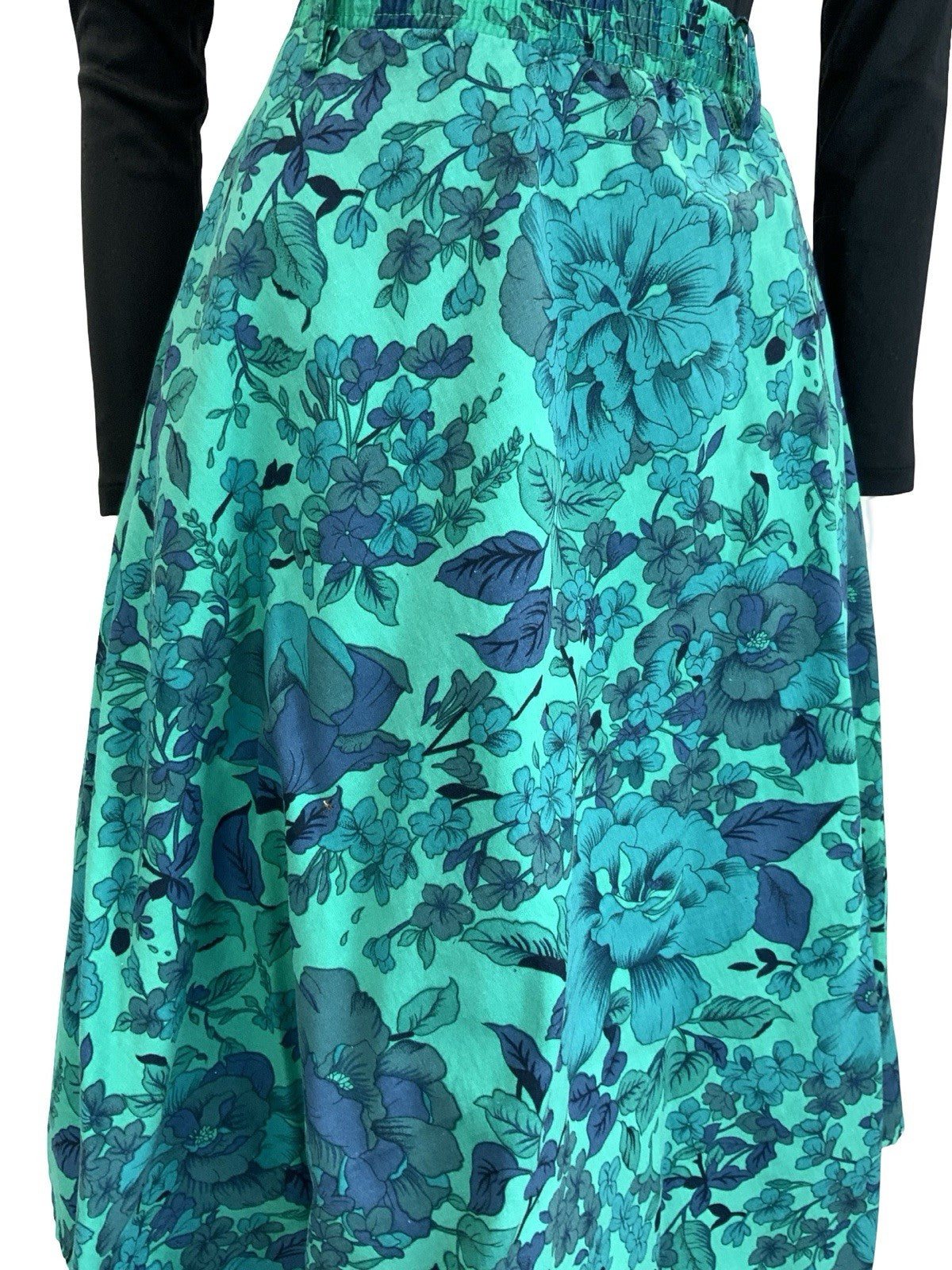 VTG 60S 70S BLUE GREEN WHITE FLORAL LACE ELASTICATED WAIST CIRCLE SKIRT 12