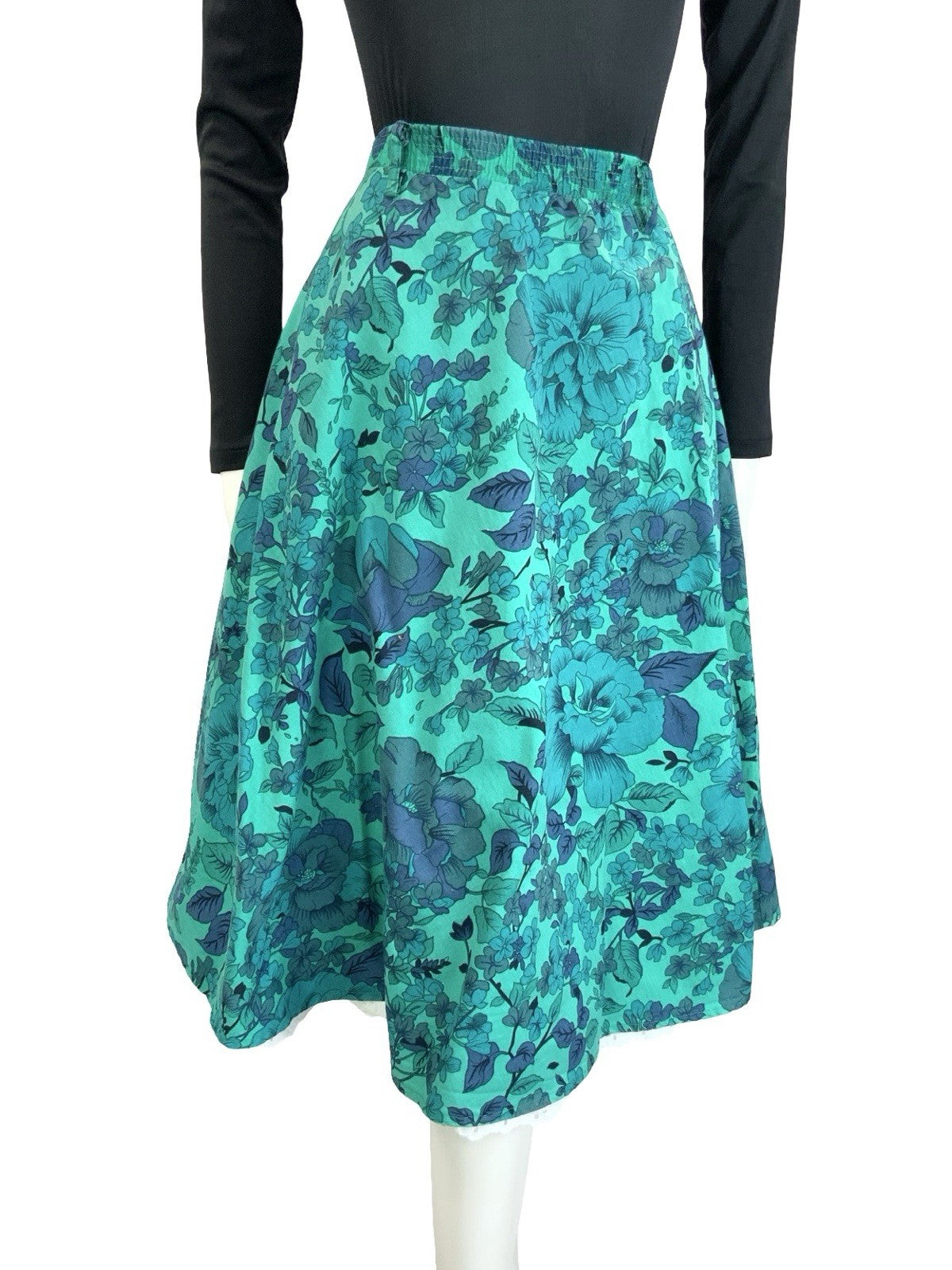 VTG 60S 70S BLUE GREEN WHITE FLORAL LACE ELASTICATED WAIST CIRCLE SKIRT 12