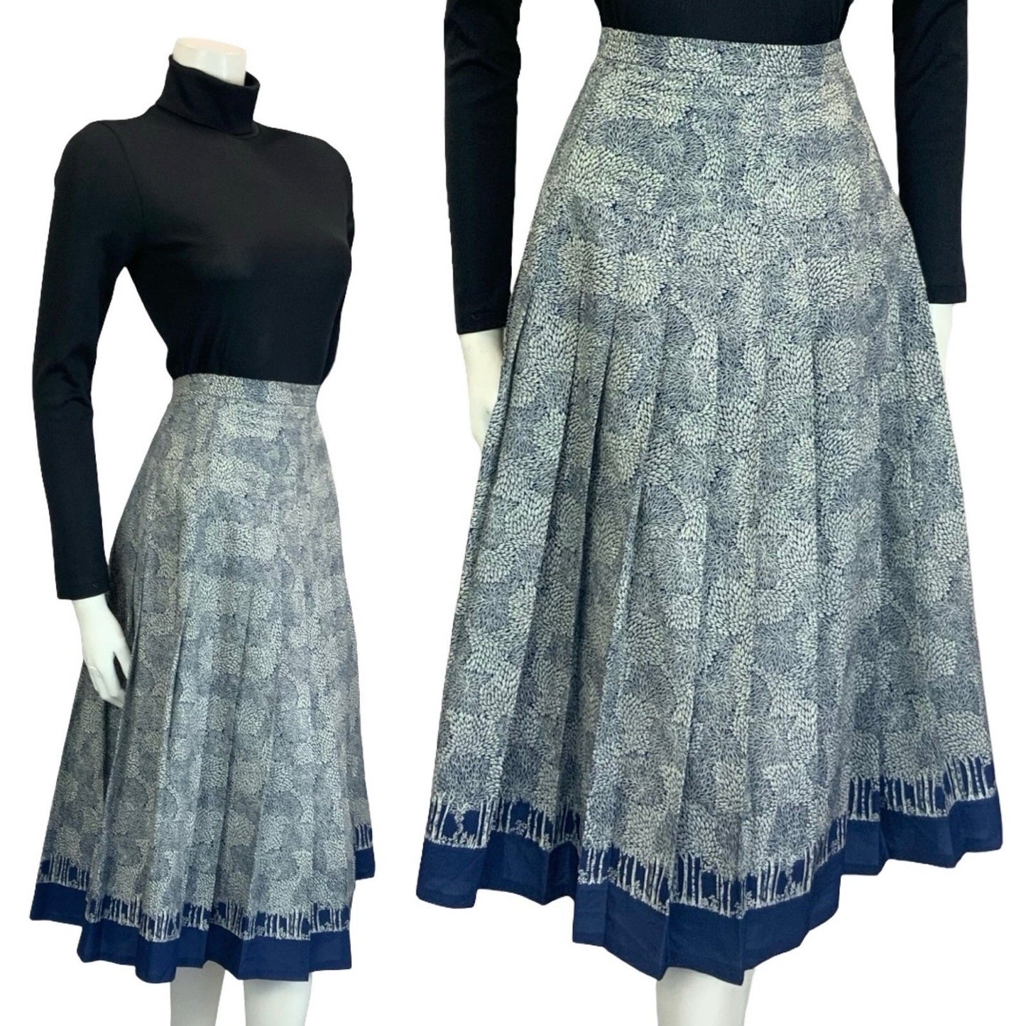 VTG 60S 70S NAVY BLUE GREY LEAFY TREE PLEATED A LINE SECRETARY MIDI SKIRT 10