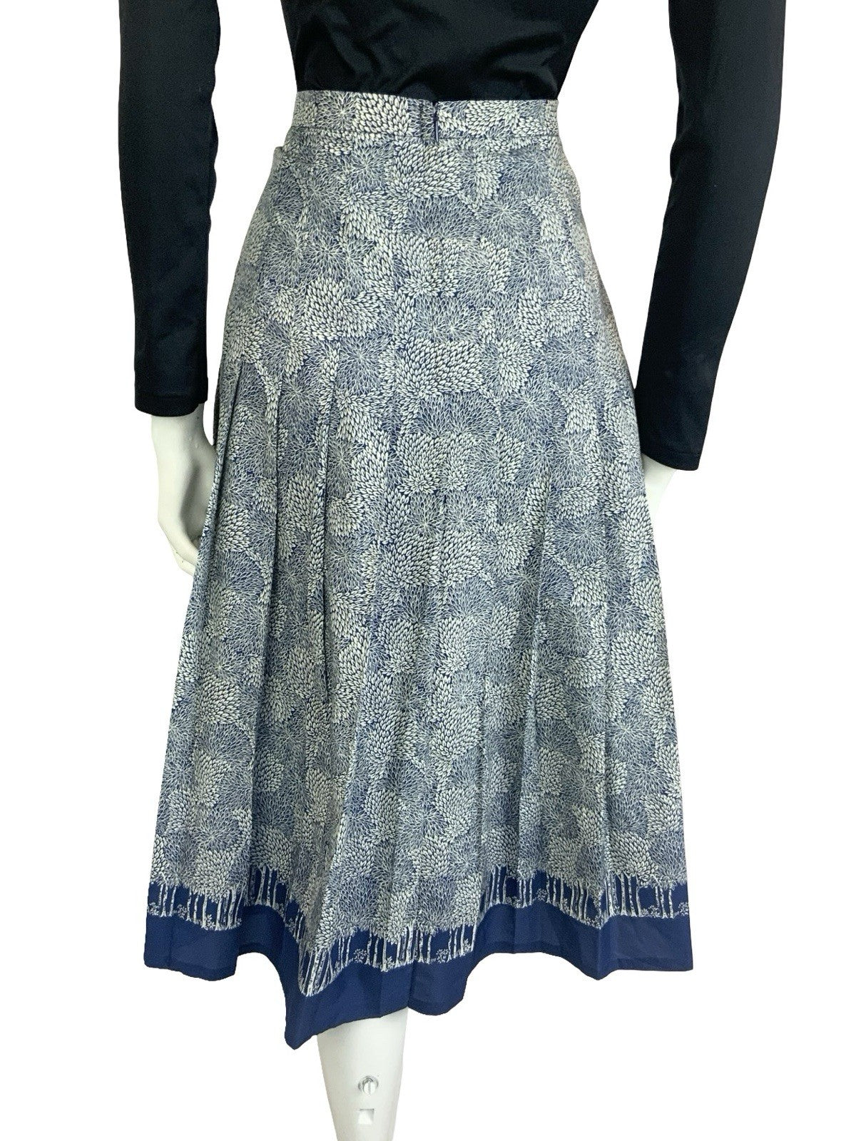 VTG 60S 70S NAVY BLUE GREY LEAFY TREE PLEATED A LINE SECRETARY MIDI SKIRT 10