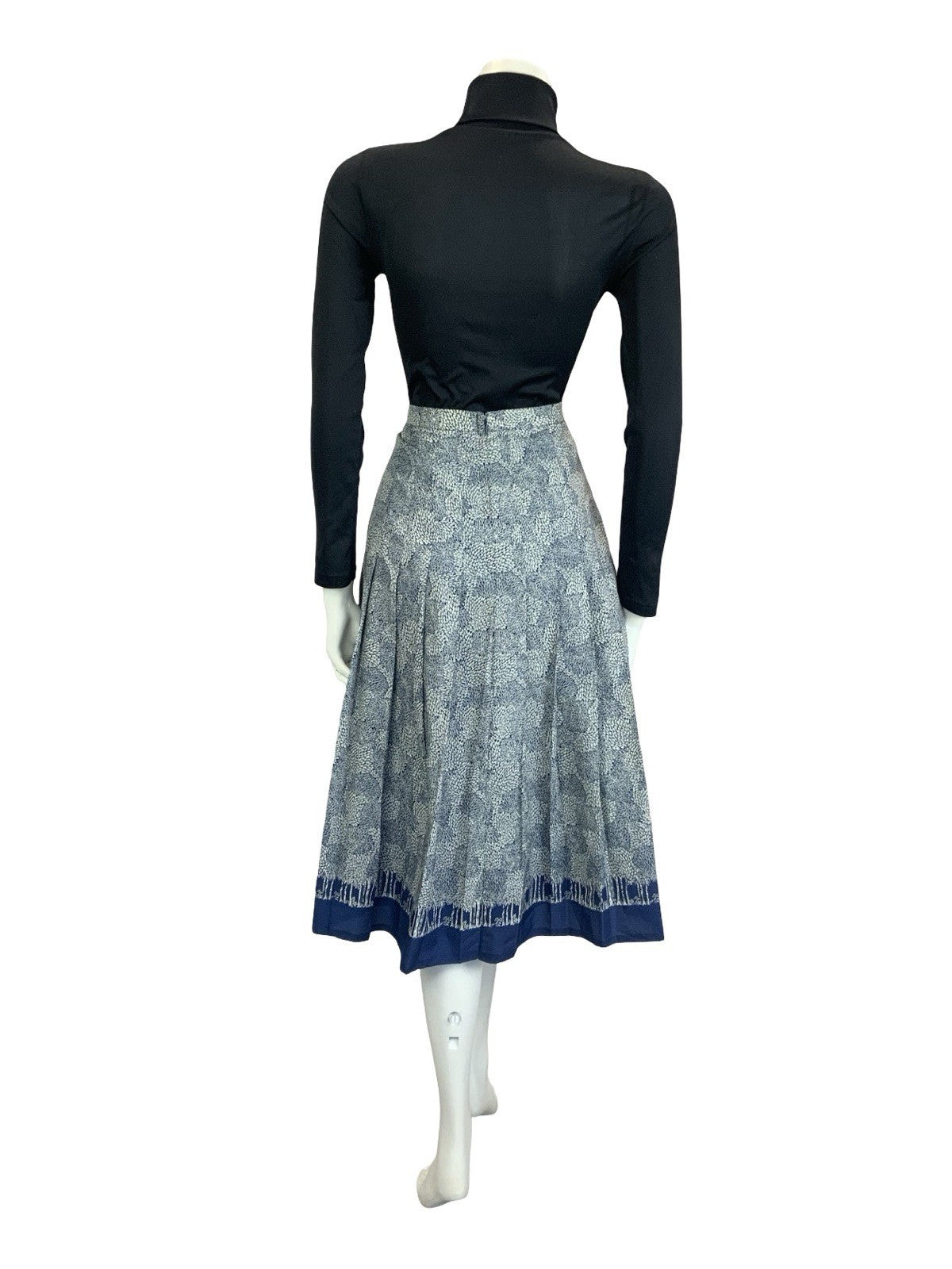 VTG 60S 70S NAVY BLUE GREY LEAFY TREE PLEATED A LINE SECRETARY MIDI SKIRT 10