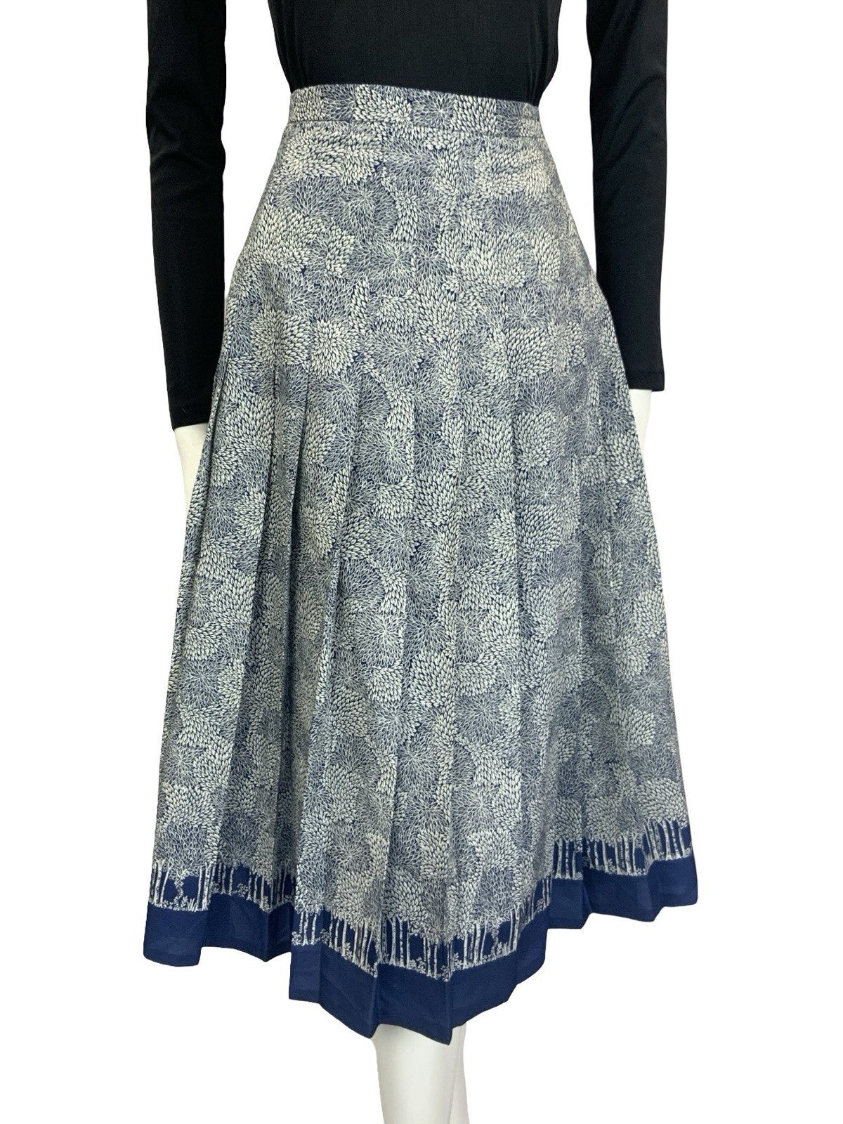 VTG 60S 70S NAVY BLUE GREY LEAFY TREE PLEATED A LINE SECRETARY MIDI SKIRT 10