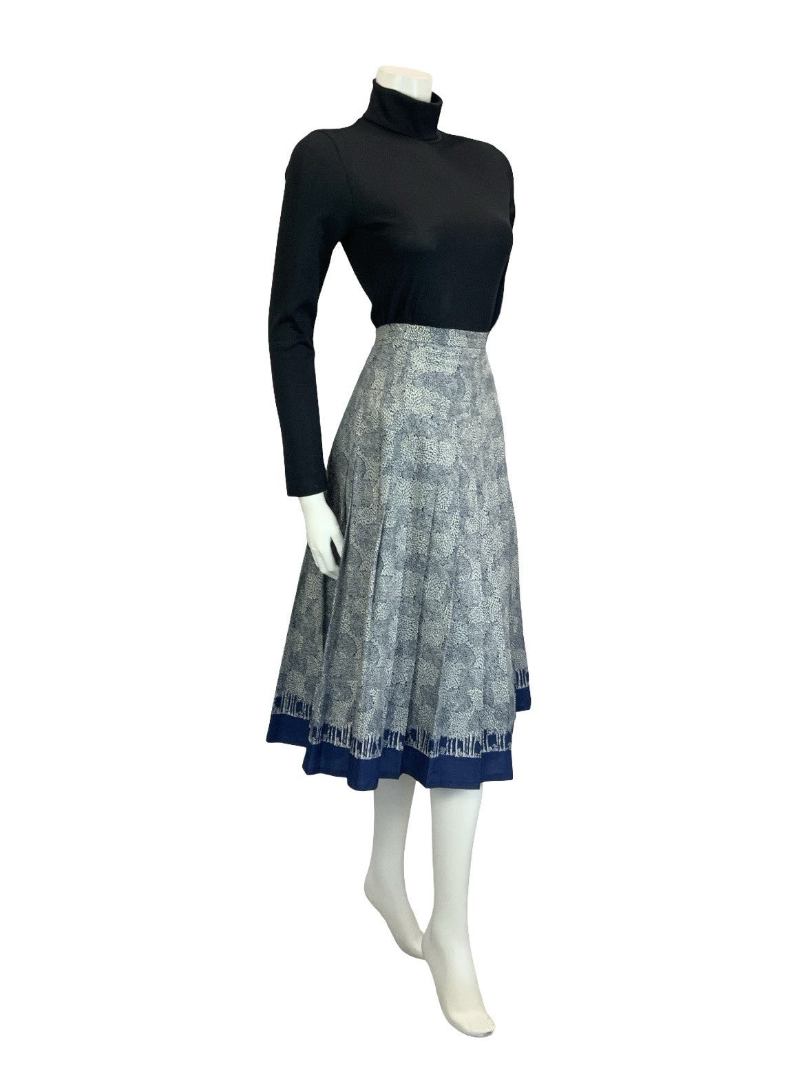 VTG 60S 70S NAVY BLUE GREY LEAFY TREE PLEATED A LINE SECRETARY MIDI SKIRT 10