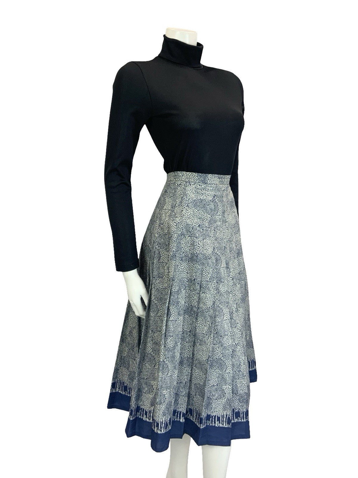 VTG 60S 70S NAVY BLUE GREY LEAFY TREE PLEATED A LINE SECRETARY MIDI SKIRT 10