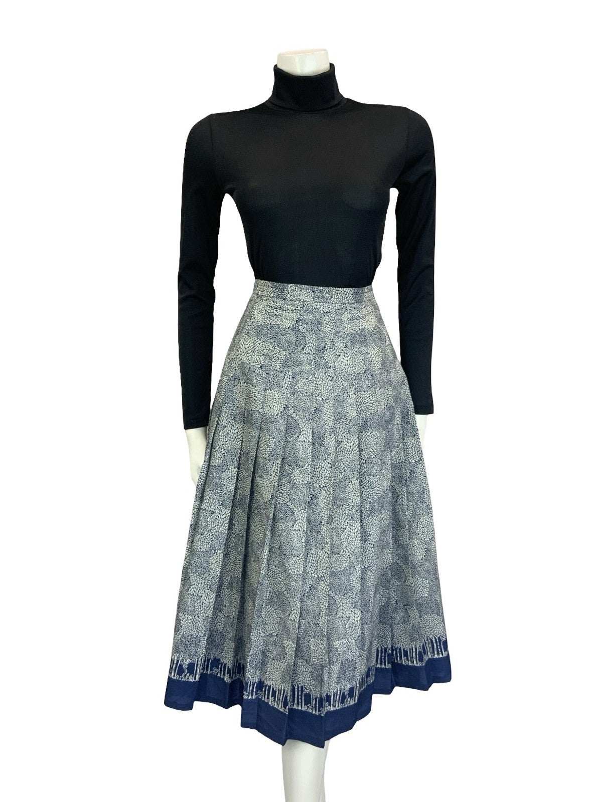 VTG 60S 70S NAVY BLUE GREY LEAFY TREE PLEATED A LINE SECRETARY MIDI SKIRT 10