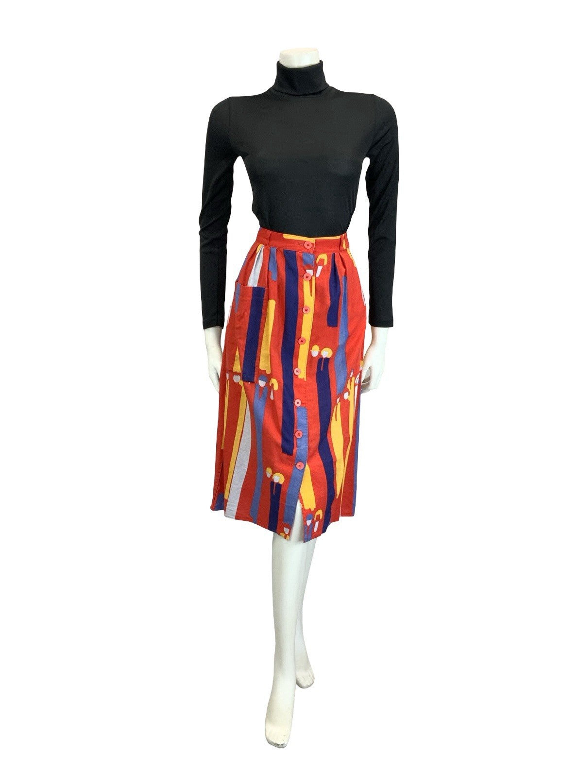 VTG 60S 70S RED BLUE YELLOW ABSTRACT SRIPE PEOPLE BUTTON DOWN MIDI SKIRT 8