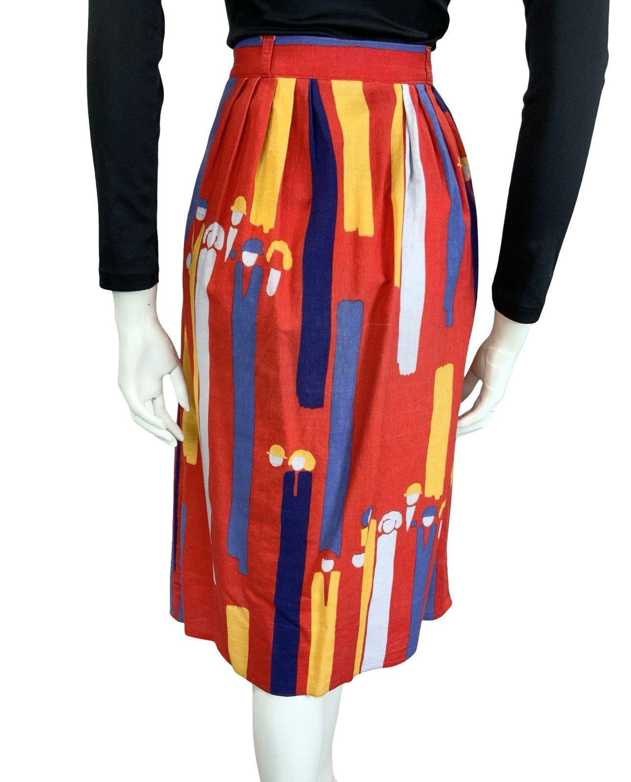 VTG 60S 70S RED BLUE YELLOW ABSTRACT SRIPE PEOPLE BUTTON DOWN MIDI SKIRT 8