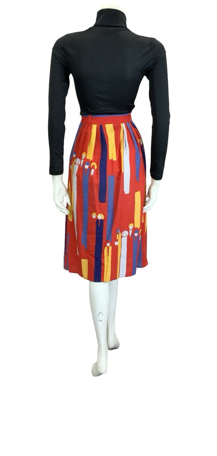 VTG 60S 70S RED BLUE YELLOW ABSTRACT SRIPE PEOPLE BUTTON DOWN MIDI SKIRT 8