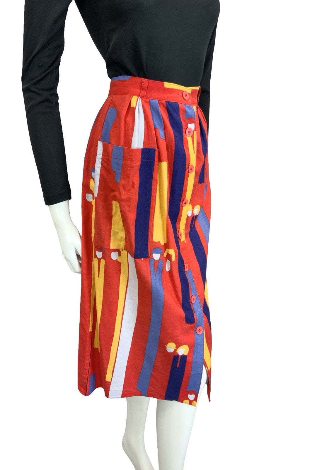 VTG 60S 70S RED BLUE YELLOW ABSTRACT SRIPE PEOPLE BUTTON DOWN MIDI SKIRT 8