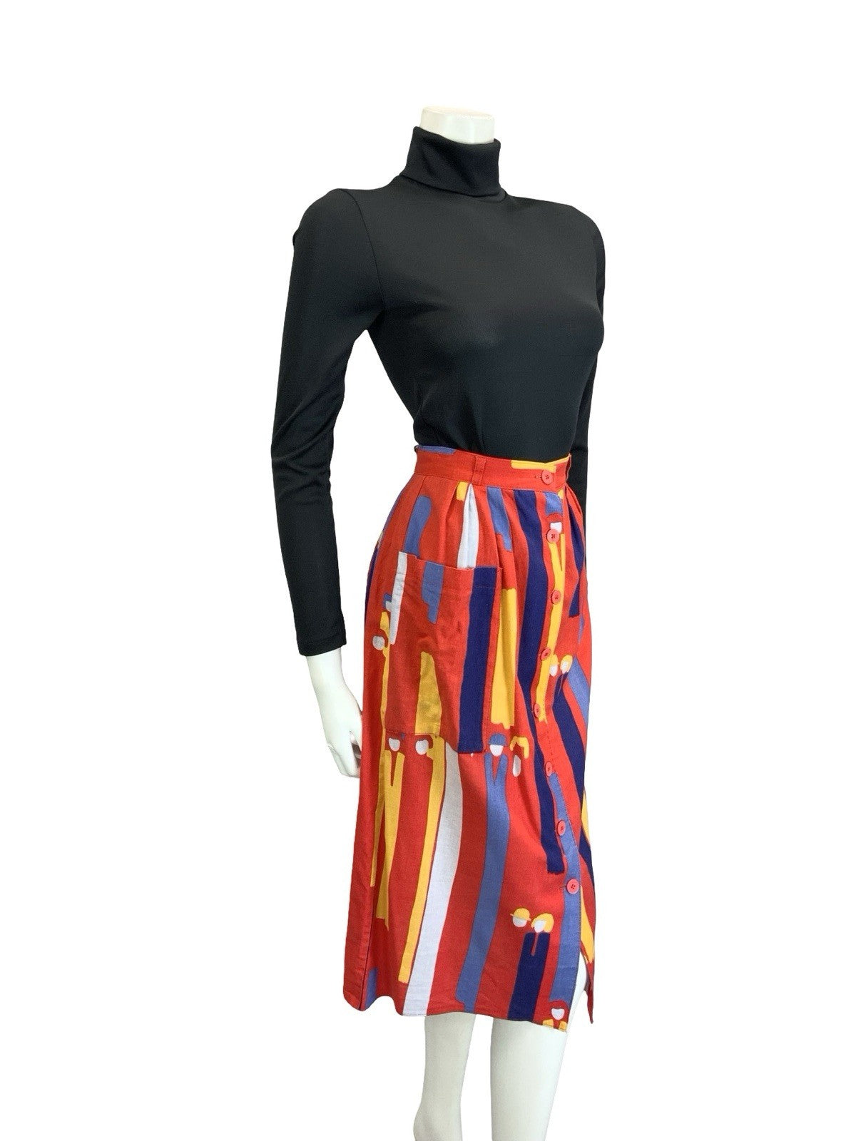 VTG 60S 70S RED BLUE YELLOW ABSTRACT SRIPE PEOPLE BUTTON DOWN MIDI SKIRT 8