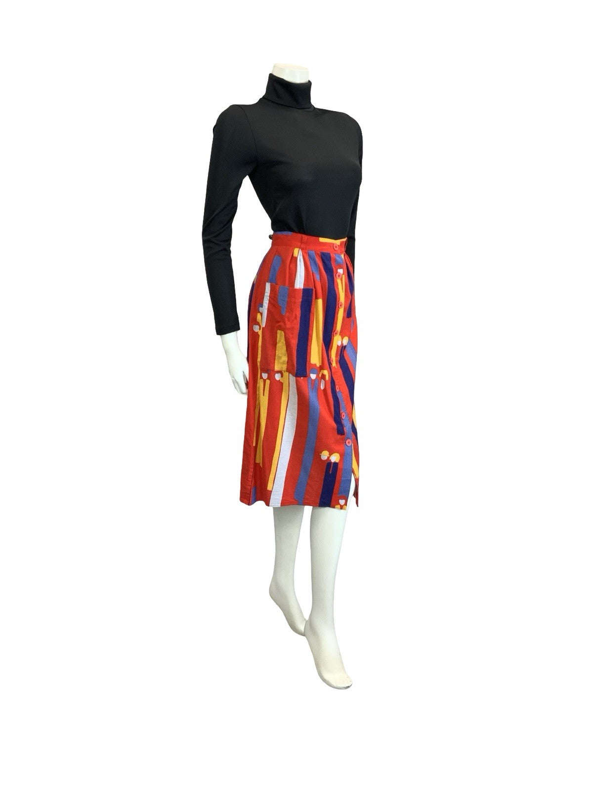 VTG 60S 70S RED BLUE YELLOW ABSTRACT SRIPE PEOPLE BUTTON DOWN MIDI SKIRT 8