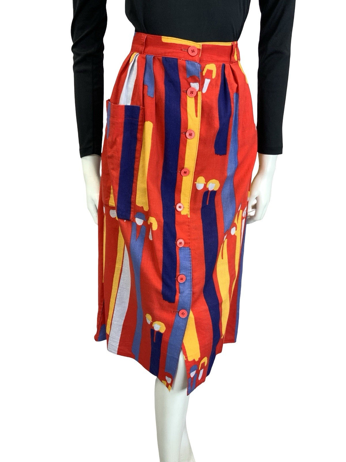 VTG 60S 70S RED BLUE YELLOW ABSTRACT SRIPE PEOPLE BUTTON DOWN MIDI SKIRT 8
