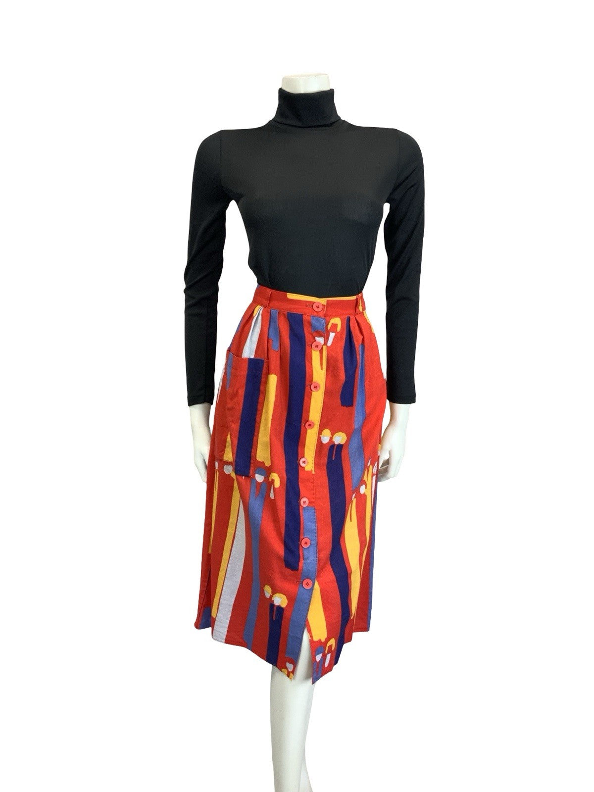 VTG 60S 70S RED BLUE YELLOW ABSTRACT SRIPE PEOPLE BUTTON DOWN MIDI SKIRT 8