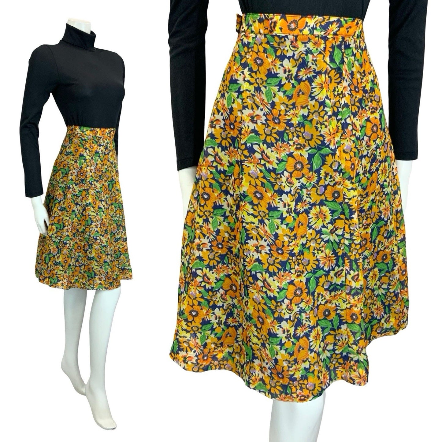 VTG 60S 70S BOHO ORANGE YELLOW NAVY BLUE FLORAL MESH FLOATY MINI SKIRT 18