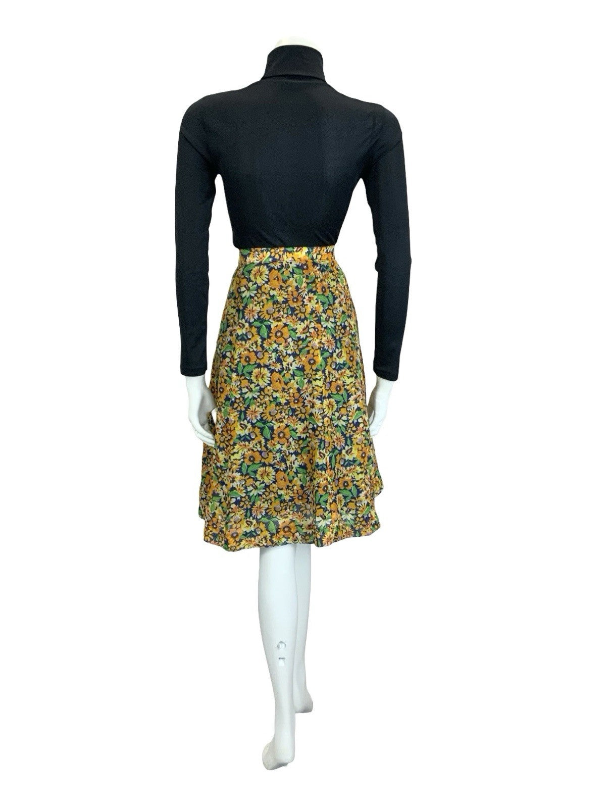 VTG 60S 70S BOHO ORANGE YELLOW NAVY BLUE FLORAL MESH FLOATY MINI SKIRT 18