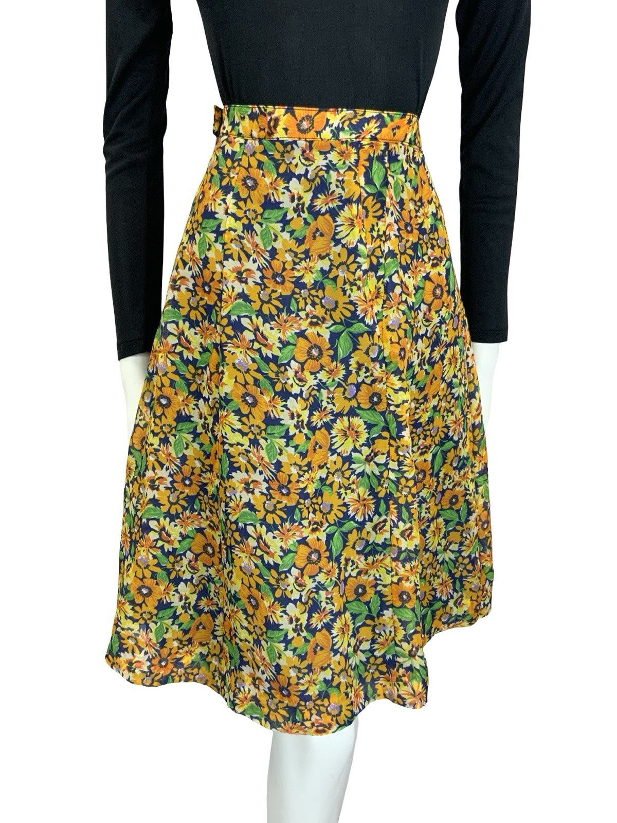 VTG 60S 70S BOHO ORANGE YELLOW NAVY BLUE FLORAL MESH FLOATY MINI SKIRT 18