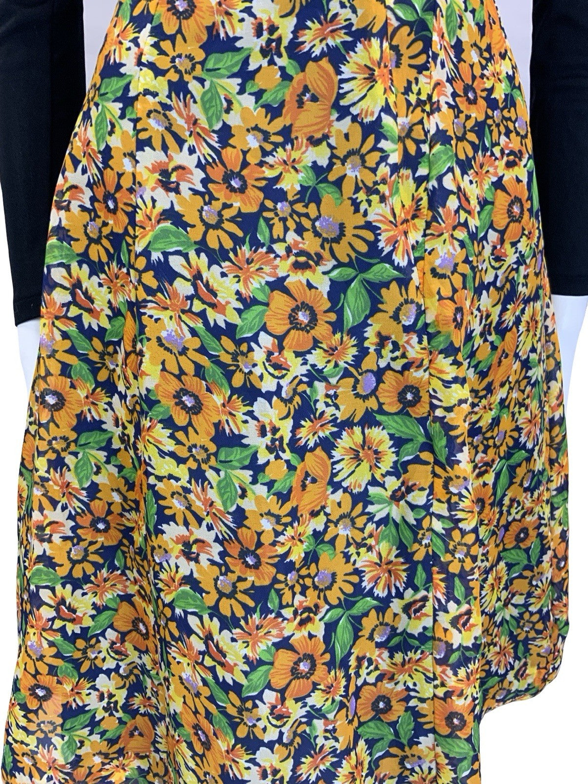 VTG 60S 70S BOHO ORANGE YELLOW NAVY BLUE FLORAL MESH FLOATY MINI SKIRT 18