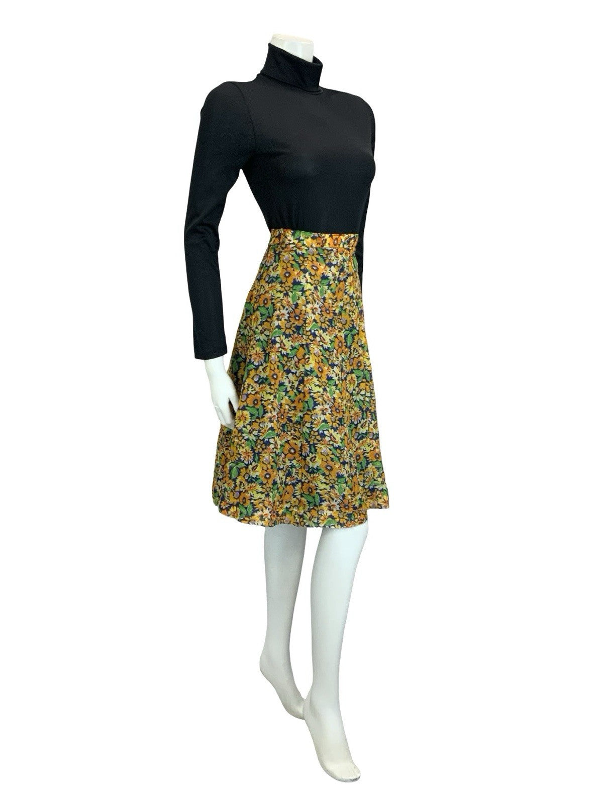 VTG 60S 70S BOHO ORANGE YELLOW NAVY BLUE FLORAL MESH FLOATY MINI SKIRT 18