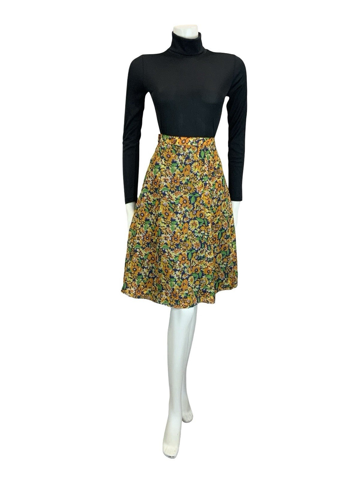 VTG 60S 70S BOHO ORANGE YELLOW NAVY BLUE FLORAL MESH FLOATY MINI SKIRT 18
