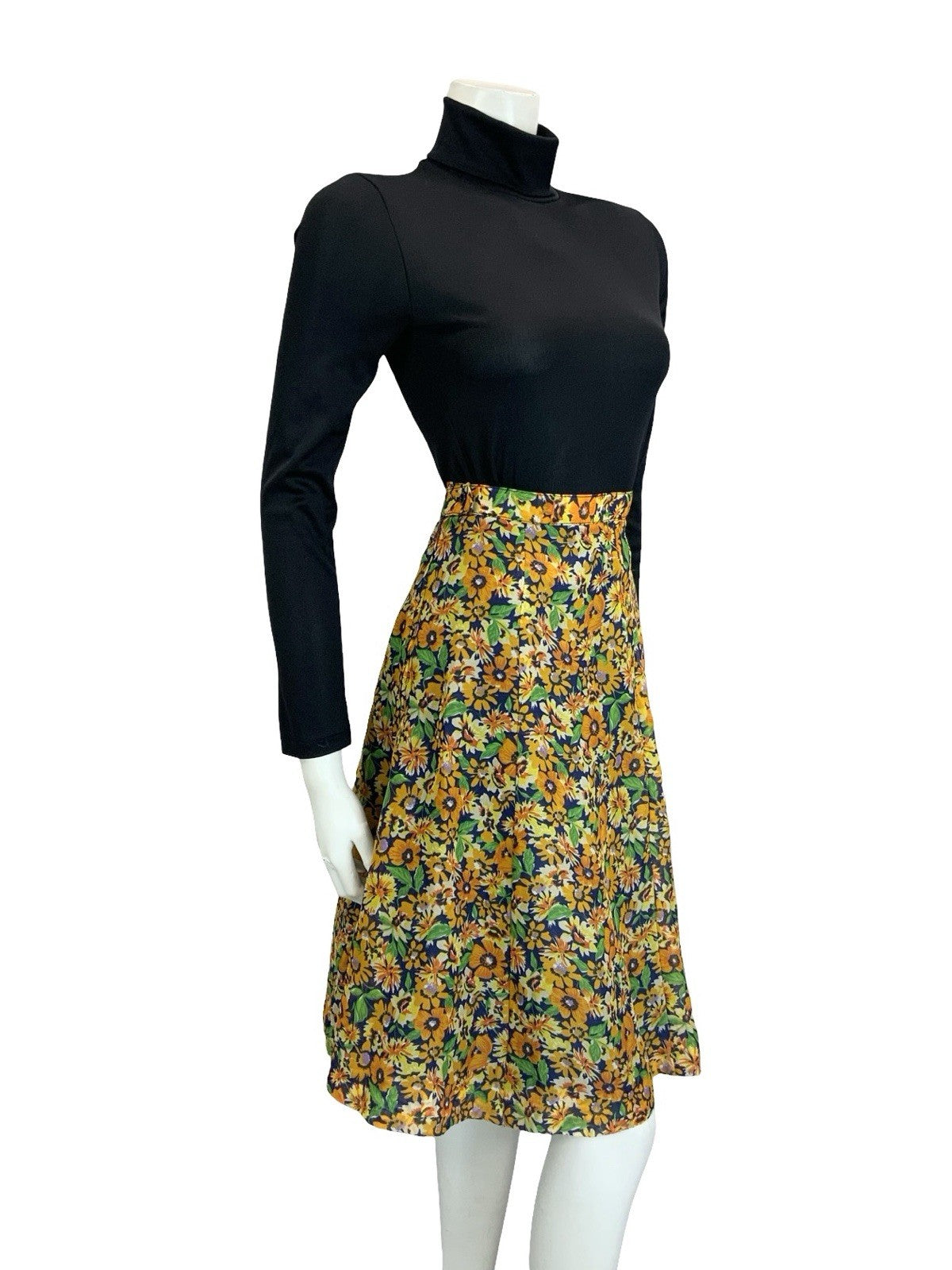 VTG 60S 70S BOHO ORANGE YELLOW NAVY BLUE FLORAL MESH FLOATY MINI SKIRT 18
