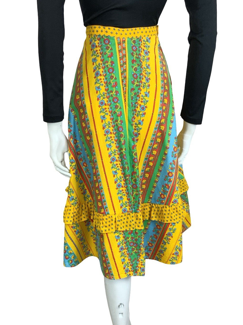 VTG 60S 70S YELLOW BLUE RED GREEN AZTEC FLORAL STRIPE RUFFLE MIDI SKIRT 8 10 S