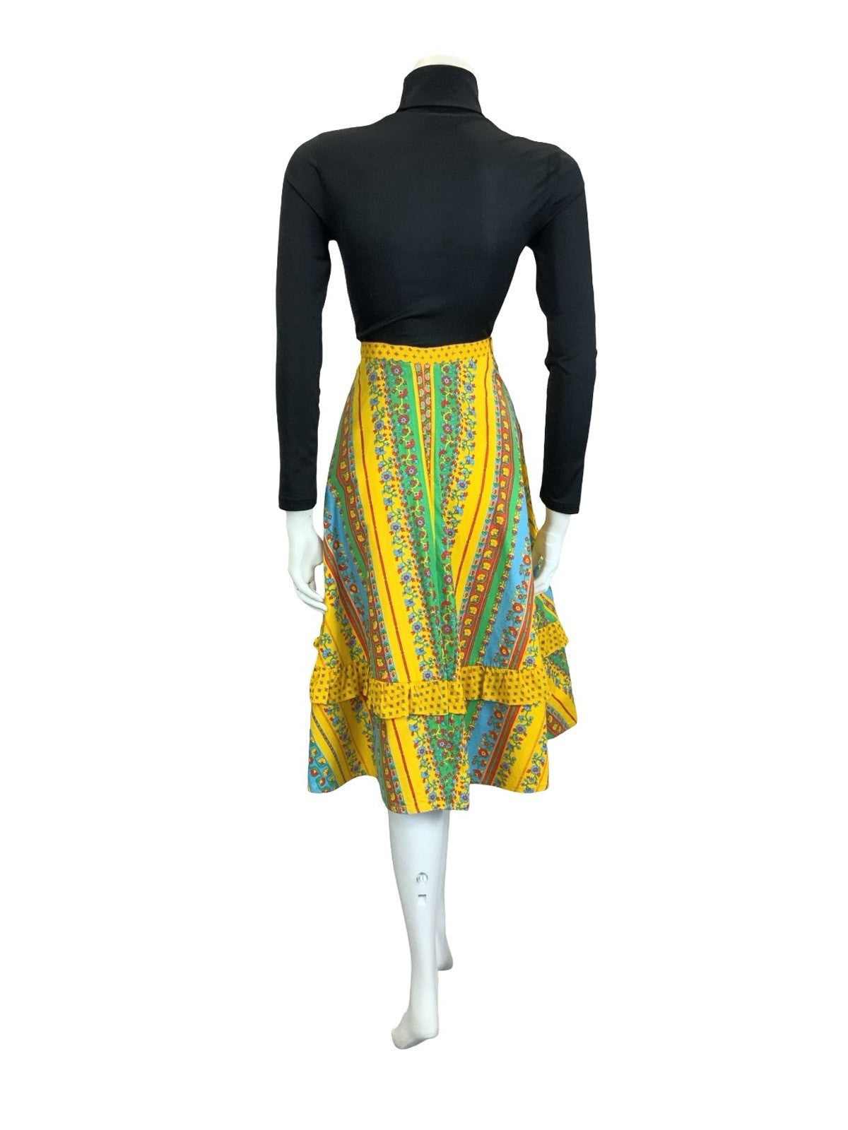 VTG 60S 70S YELLOW BLUE RED GREEN AZTEC FLORAL STRIPE RUFFLE MIDI SKIRT 8 10 S