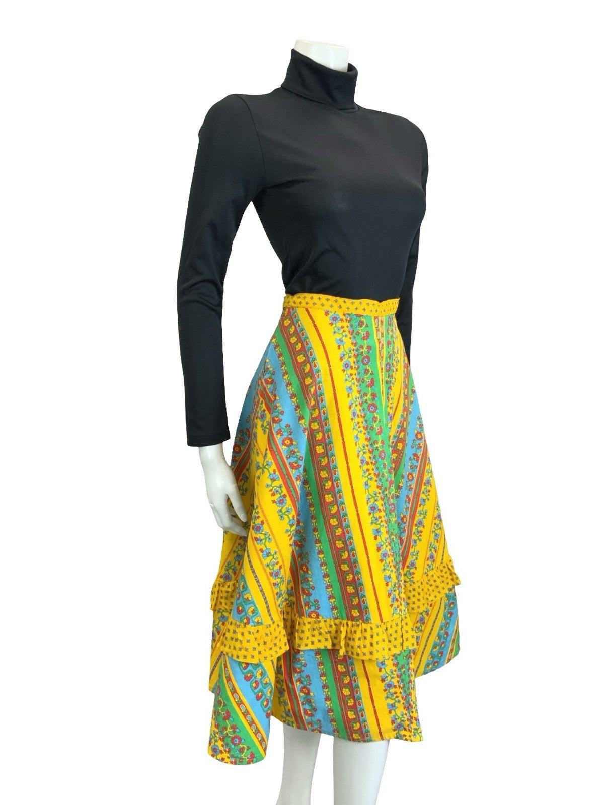 VTG 60S 70S YELLOW BLUE RED GREEN AZTEC FLORAL STRIPE RUFFLE MIDI SKIRT 8 10 S