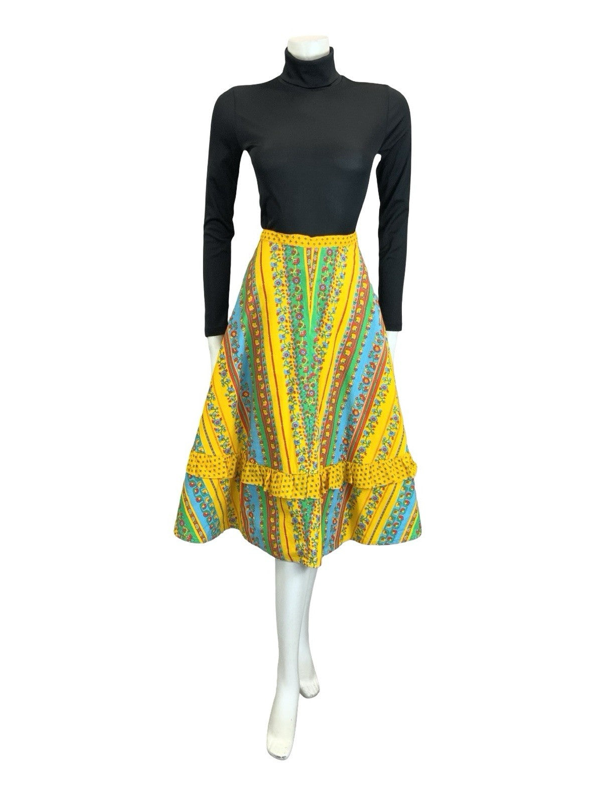 VTG 60S 70S YELLOW BLUE RED GREEN AZTEC FLORAL STRIPE RUFFLE MIDI SKIRT 8 10 S