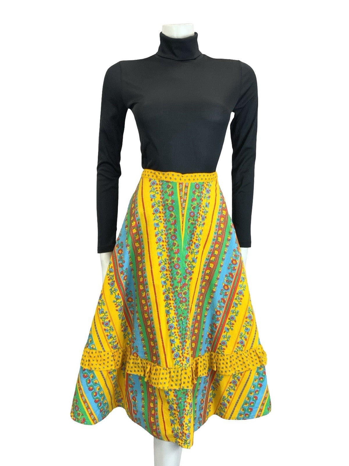 VTG 60S 70S YELLOW BLUE RED GREEN AZTEC FLORAL STRIPE RUFFLE MIDI SKIRT 8 10 S