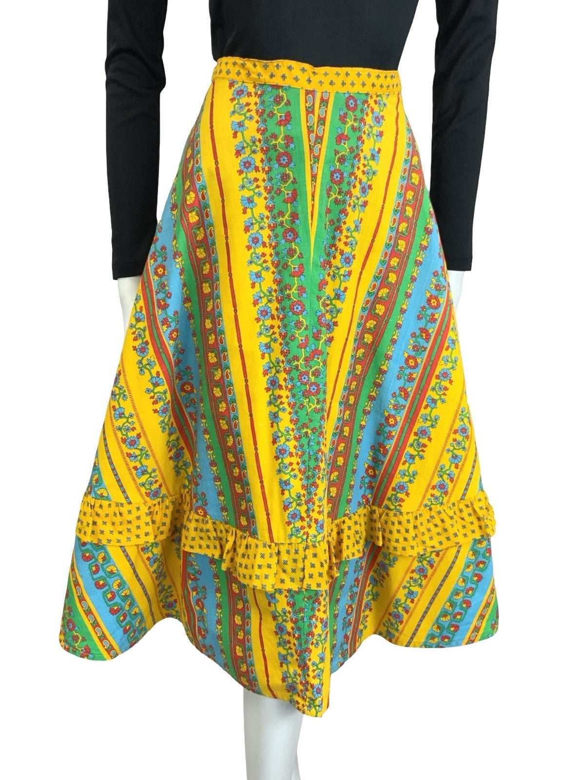 VTG 60S 70S YELLOW BLUE RED GREEN AZTEC FLORAL STRIPE RUFFLE MIDI SKIRT 8 10 S