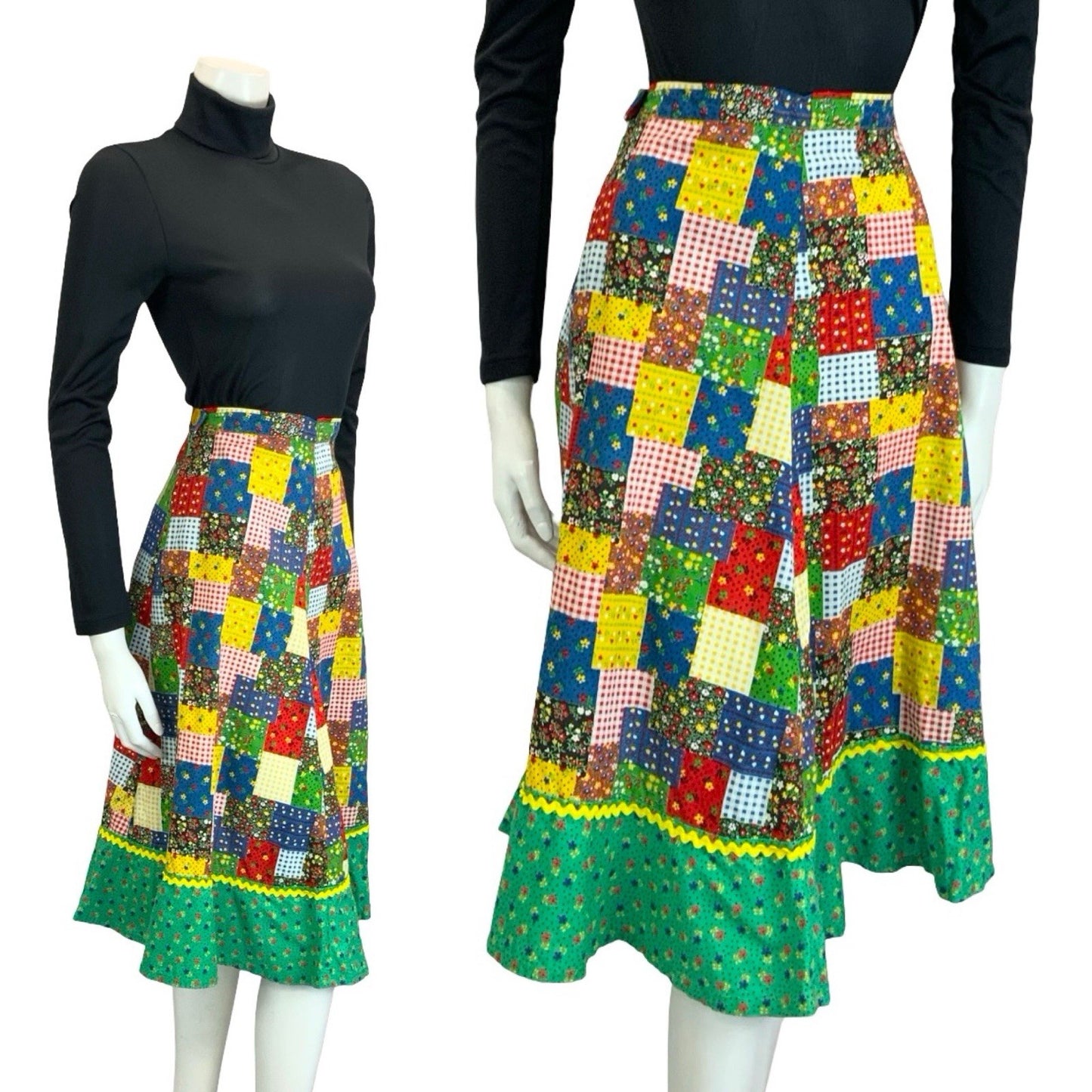 VTG 60S 70S RIC RAC PATCHWORK COTTAGE GREEN BLUE RED YELLOW RUFFLE SKIRT 8