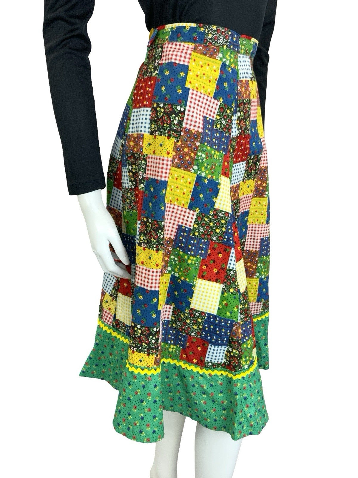 VTG 60S 70S RIC RAC PATCHWORK COTTAGE GREEN BLUE RED YELLOW RUFFLE SKIRT 8