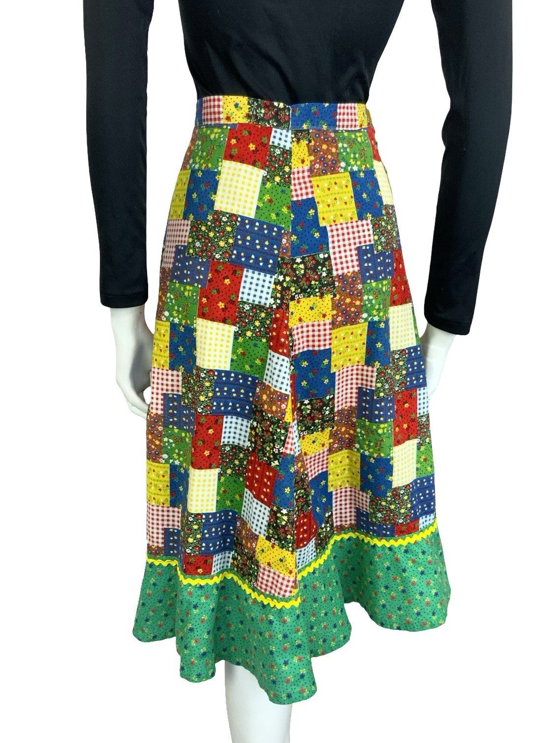 VTG 60S 70S RIC RAC PATCHWORK COTTAGE GREEN BLUE RED YELLOW RUFFLE SKIRT 8