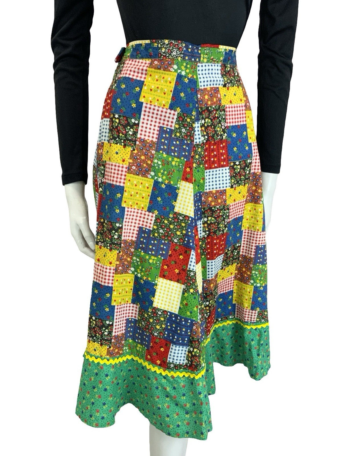VTG 60S 70S RIC RAC PATCHWORK COTTAGE GREEN BLUE RED YELLOW RUFFLE SKIRT 8