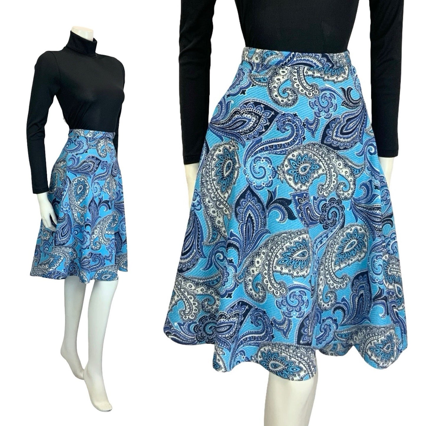 VTG 60S 70S BLUE NAVY WHITE PSYCHEDELIC PAISLEY SWIRL CIRCLE MINI SKIRT 16