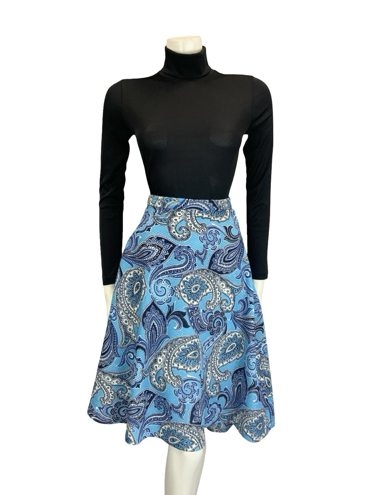 VTG 60S 70S BLUE NAVY WHITE PSYCHEDELIC PAISLEY SWIRL CIRCLE MINI SKIRT 16