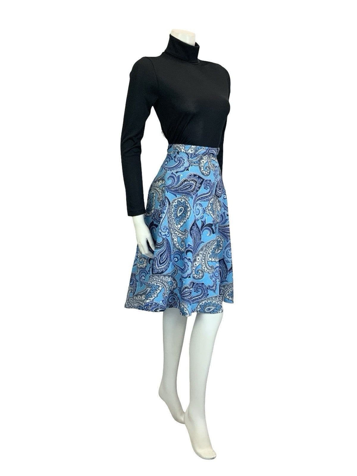 VTG 60S 70S BLUE NAVY WHITE PSYCHEDELIC PAISLEY SWIRL CIRCLE MINI SKIRT 16