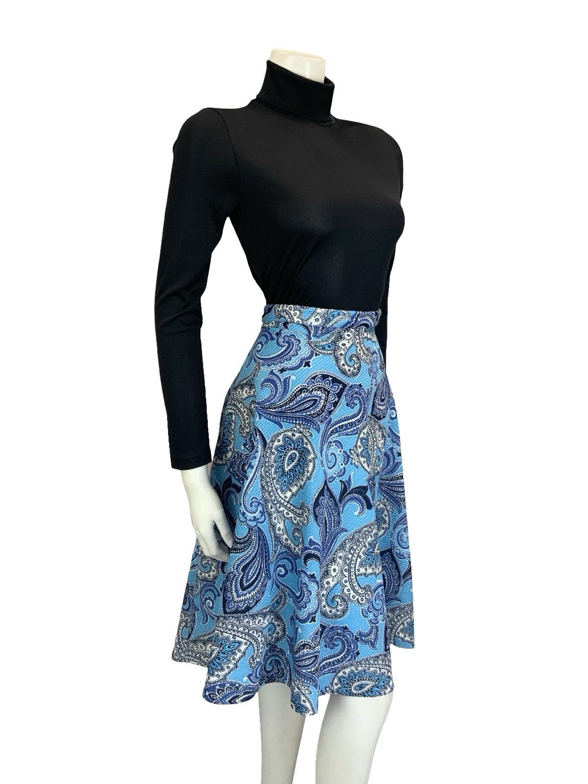 VTG 60S 70S BLUE NAVY WHITE PSYCHEDELIC PAISLEY SWIRL CIRCLE MINI SKIRT 16