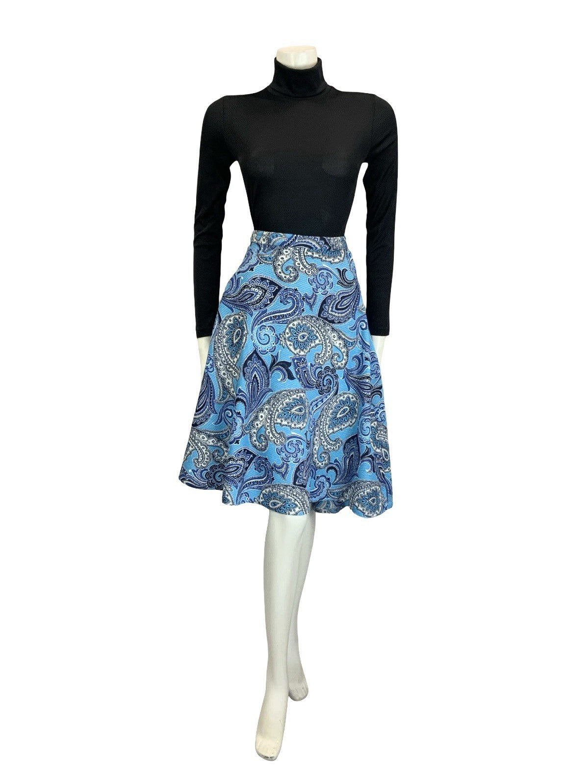 VTG 60S 70S BLUE NAVY WHITE PSYCHEDELIC PAISLEY SWIRL CIRCLE MINI SKIRT 16