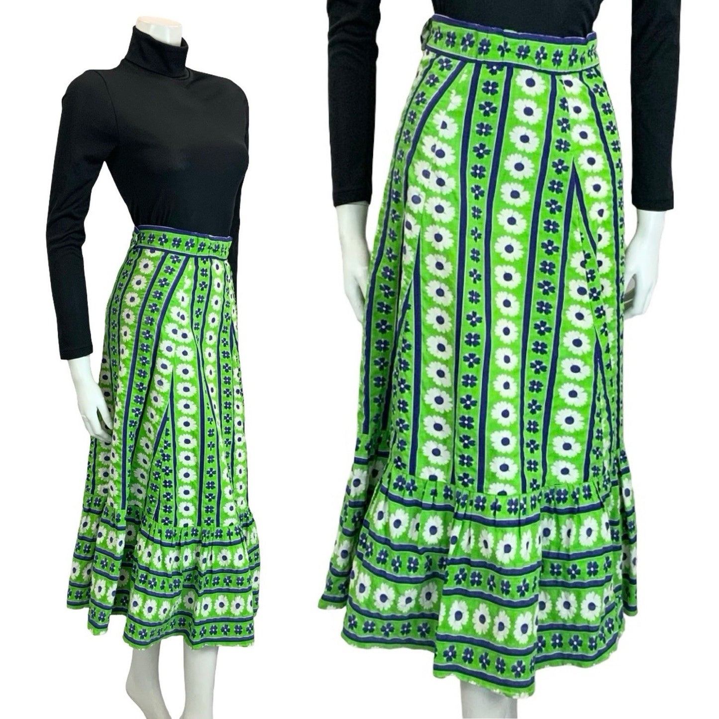 VTG 60S 70S GREEN BLUE WHITE STRIPE FLORAL BOHO RUFFLE A LINE MIDI SKIRT 6