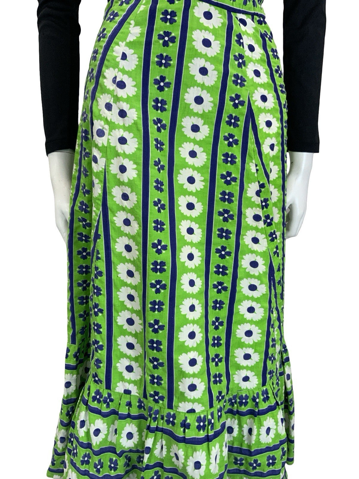 VTG 60S 70S GREEN BLUE WHITE STRIPE FLORAL BOHO RUFFLE A LINE MIDI SKIRT 6