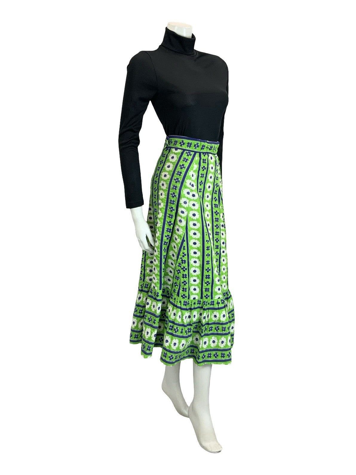 VTG 60S 70S GREEN BLUE WHITE STRIPE FLORAL BOHO RUFFLE A LINE MIDI SKIRT 6