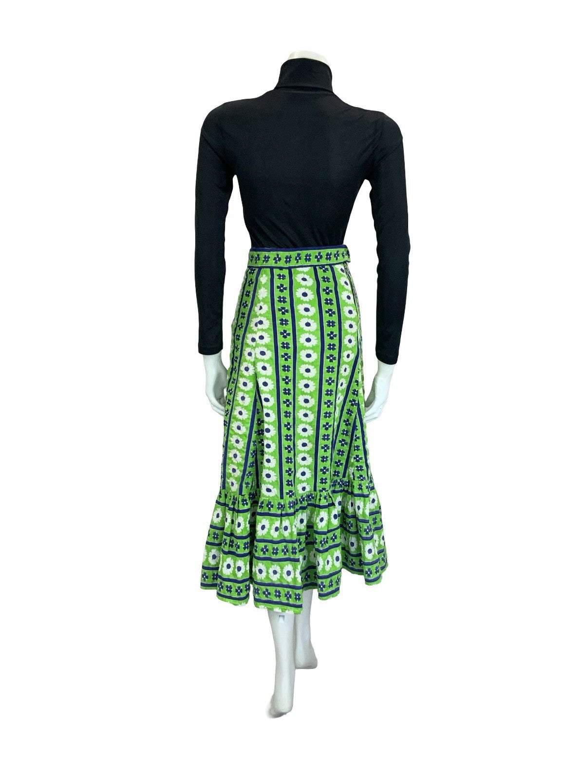 VTG 60S 70S GREEN BLUE WHITE STRIPE FLORAL BOHO RUFFLE A LINE MIDI SKIRT 6
