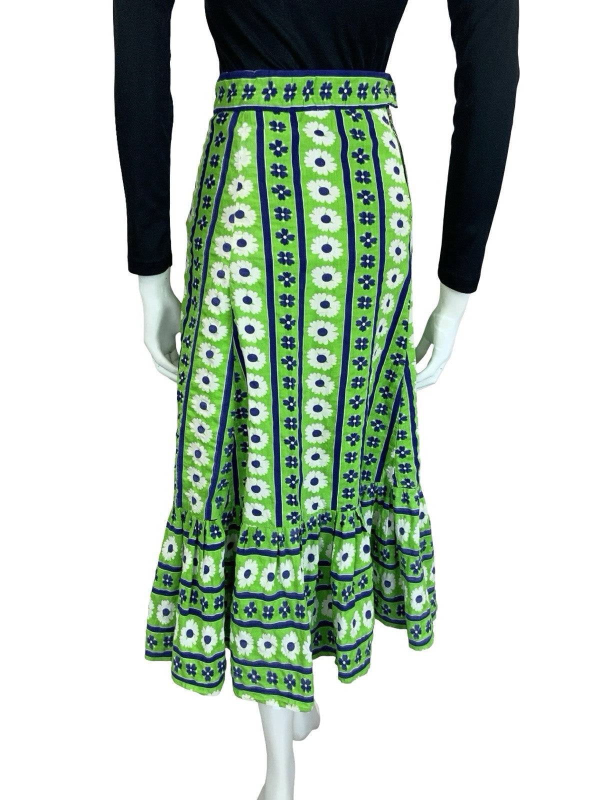 VTG 60S 70S GREEN BLUE WHITE STRIPE FLORAL BOHO RUFFLE A LINE MIDI SKIRT 6