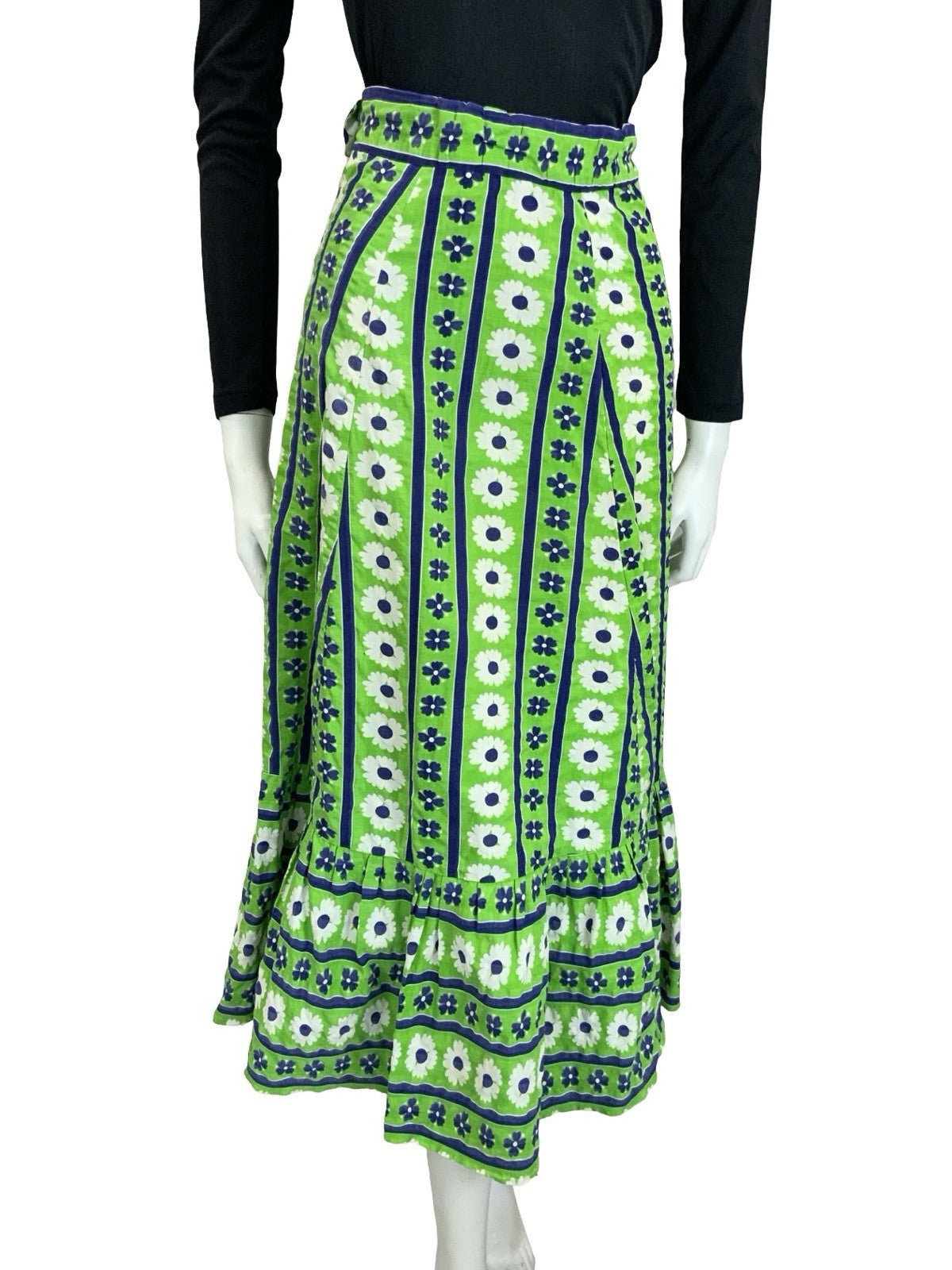 VTG 60S 70S GREEN BLUE WHITE STRIPE FLORAL BOHO RUFFLE A LINE MIDI SKIRT 6