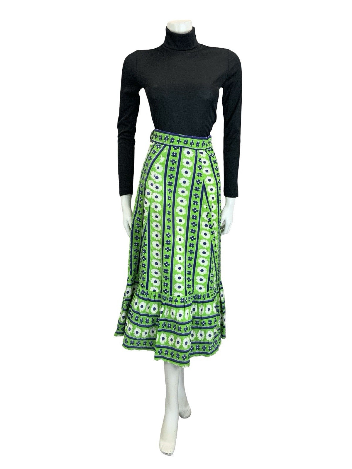 VTG 60S 70S GREEN BLUE WHITE STRIPE FLORAL BOHO RUFFLE A LINE MIDI SKIRT 6
