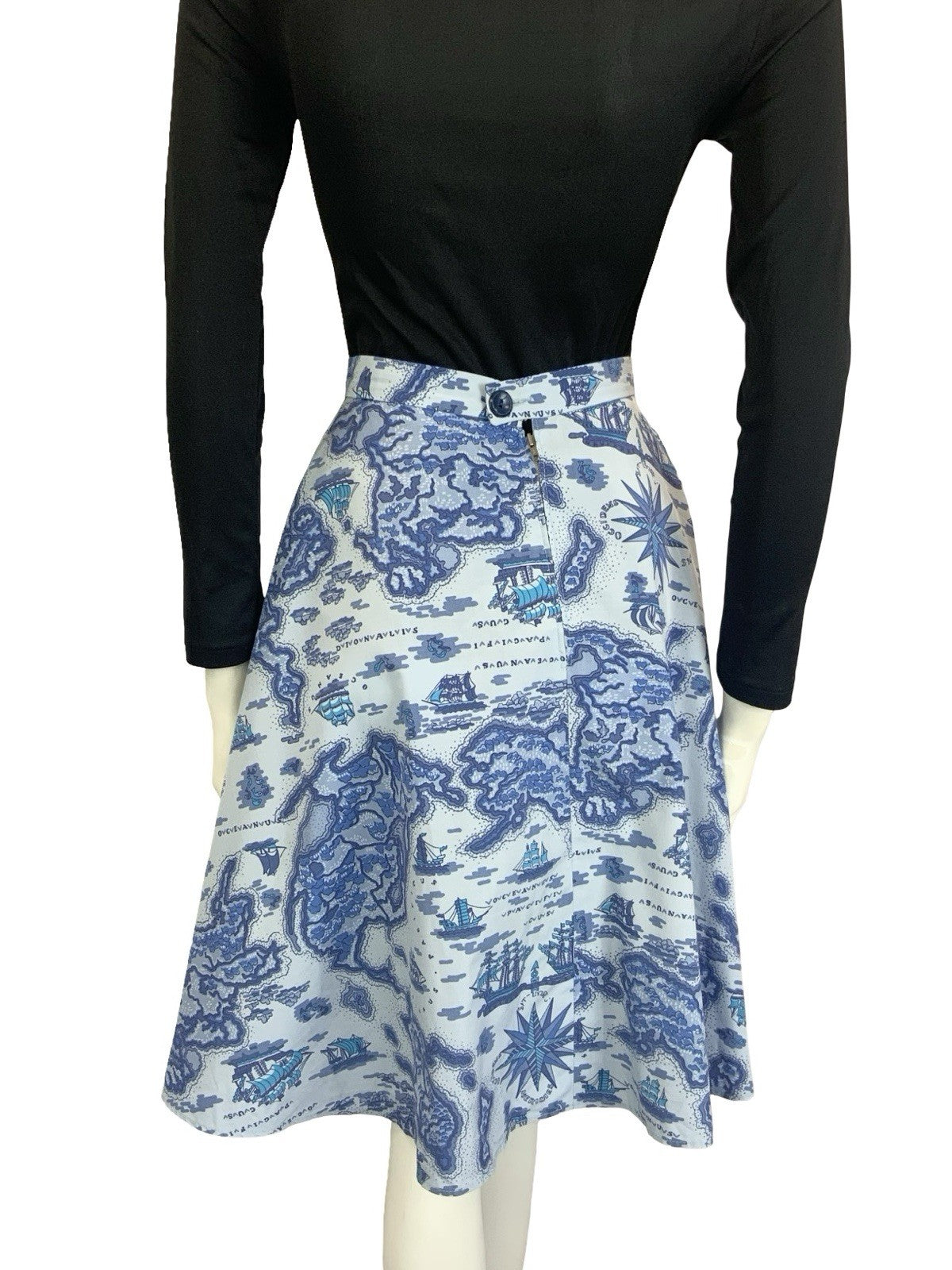 VTG 60S 70S BLUE NAVY ISLAND SHIP NAUTICAL MAP CIRCLE MINI SKIRT 8