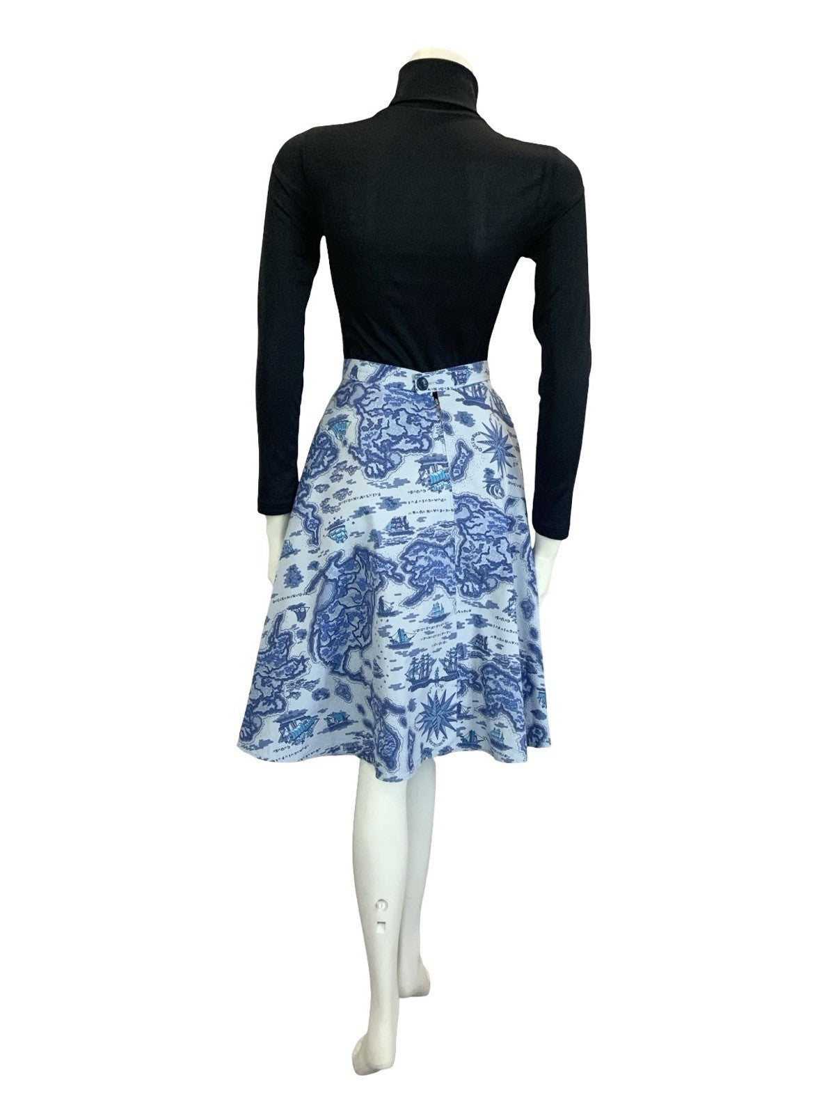 VTG 60S 70S BLUE NAVY ISLAND SHIP NAUTICAL MAP CIRCLE MINI SKIRT 8